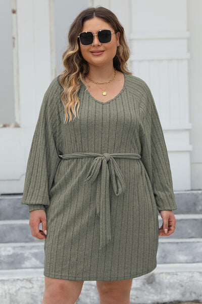 Plus Size Ribbed Tie Front Long Sleeve Sweater Dress Moss 0XL 