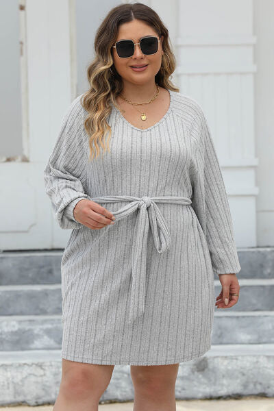 Plus Size Ribbed Tie Front Long Sleeve Sweater Dress Light Gray 0XL 