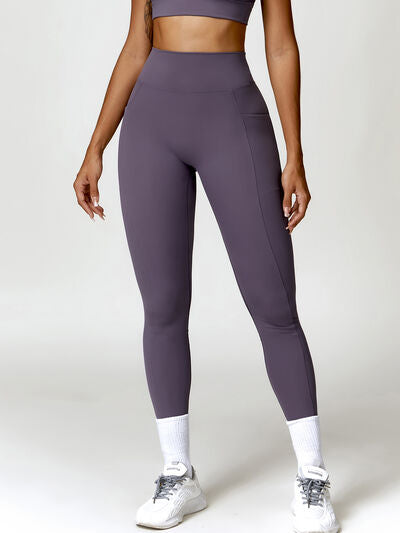 Ruched Pocketed High Waist Active Leggings Dusty Purple S 