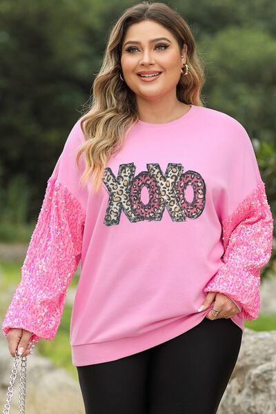 Plus Size XOXO Sequin Round Neck Sweatshirt Carnation Pink 1XL 