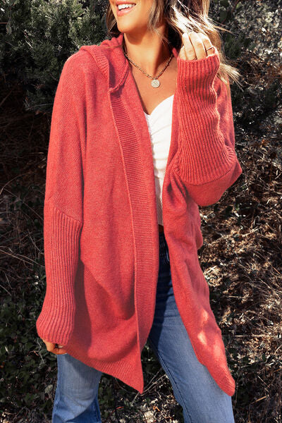 Open Front Ribbed Trim Hooded Cardigan Red Orange S 