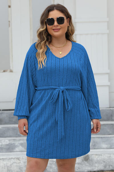 Plus Size Ribbed Tie Front Long Sleeve Sweater Dress Peacock  Blue 0XL 