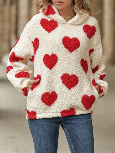 Fuzzy Heart Pocketed Dropped Shoulder Hoodie Deep Red S 