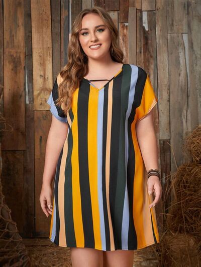 Plus Size Striped Short Sleeve Mini Dress Mustard XL 