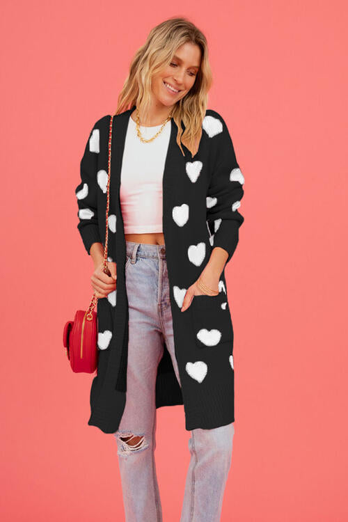 Heart Graphic Open Front Cardigan with Pockets Black S 