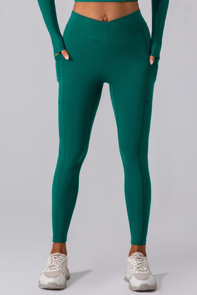 High Waist Active Leggings with Pockets Green S 