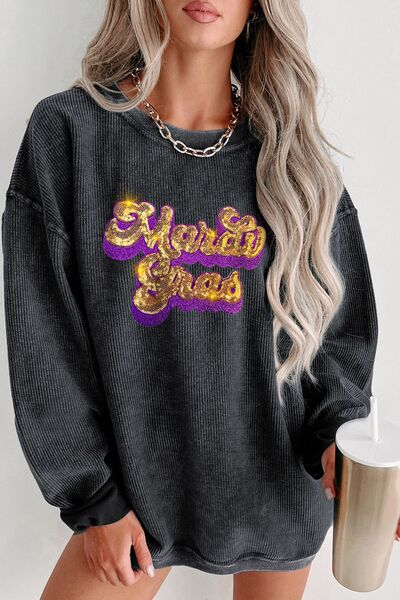 Sequin Mardi Gras Embroidered Round Neck Sweatshirt Black S 