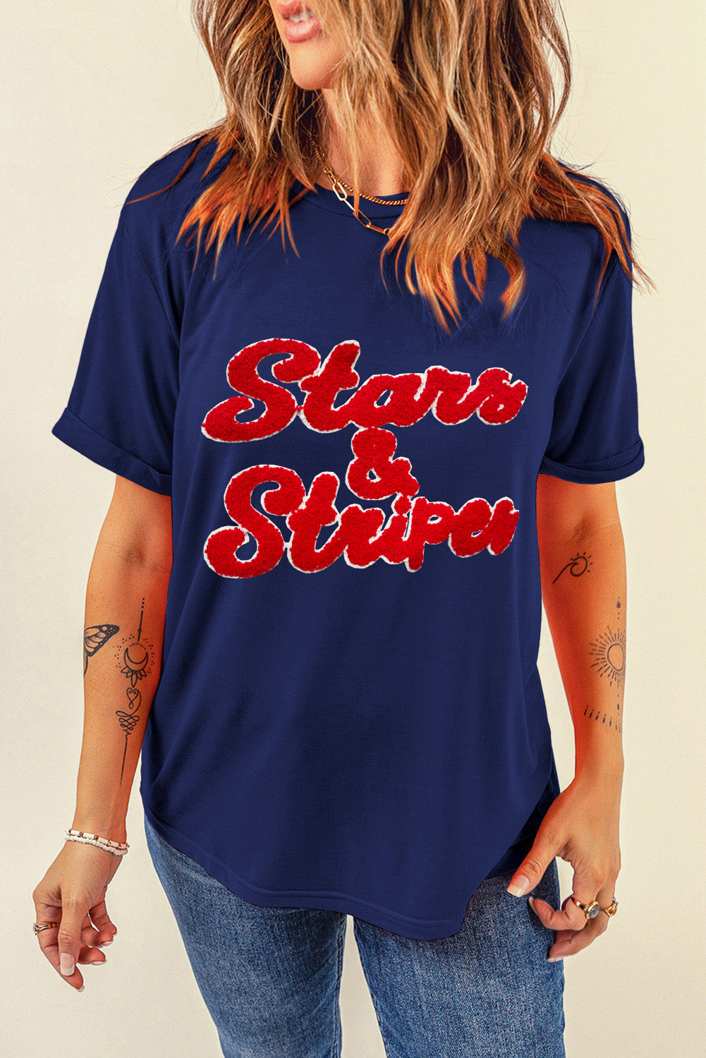 STUNNLY  Letter Round Neck Short Sleeve T-Shirt Navy S 