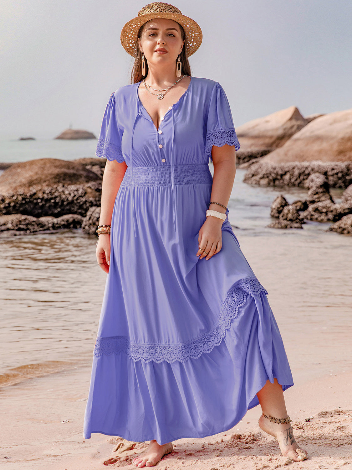 Plus Size Lace Detail Tie Neck Short Sleeve Maxi Dress   