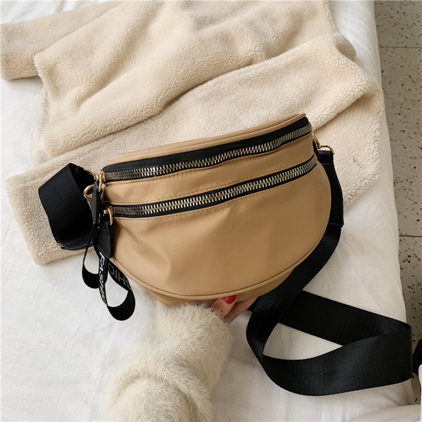 Double Zip Nylon Crossbody Bag Tan One Size 