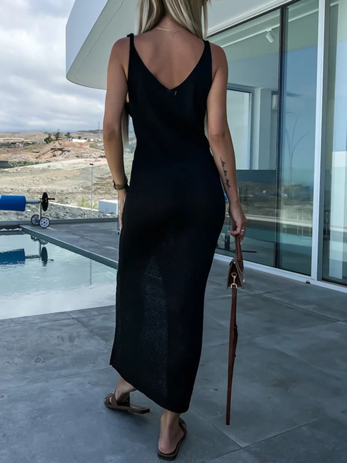 STUNNLY  Slit Scoop Neck Midi Cami Dress   