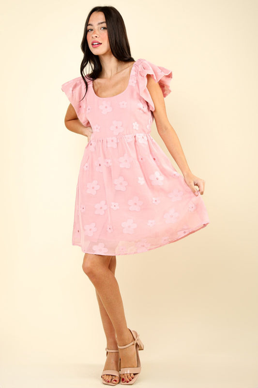 VERY J Flower Embroidered Organza Mini Dress Pink S 