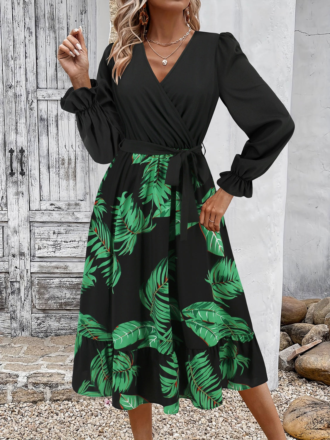 Tied Ruffled Printed Long Sleeve Dress Dark Green S 