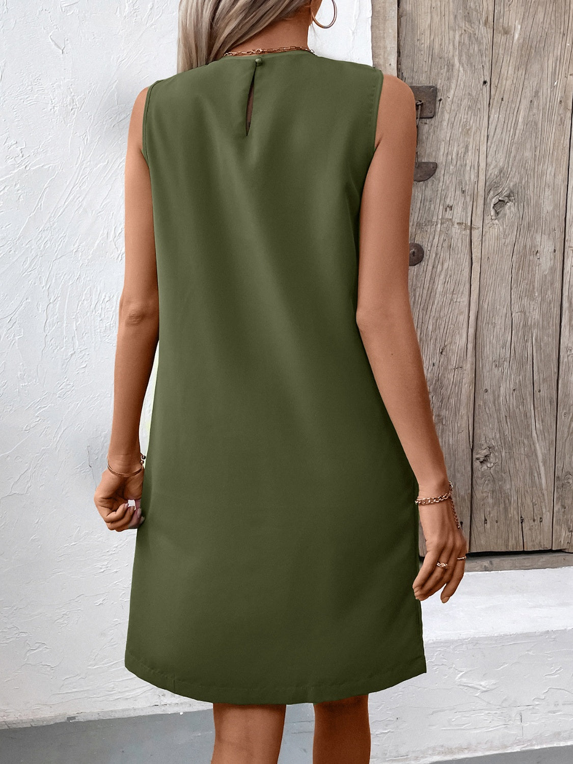 Pocketed Round Neck Sleeveless Mini Dress   