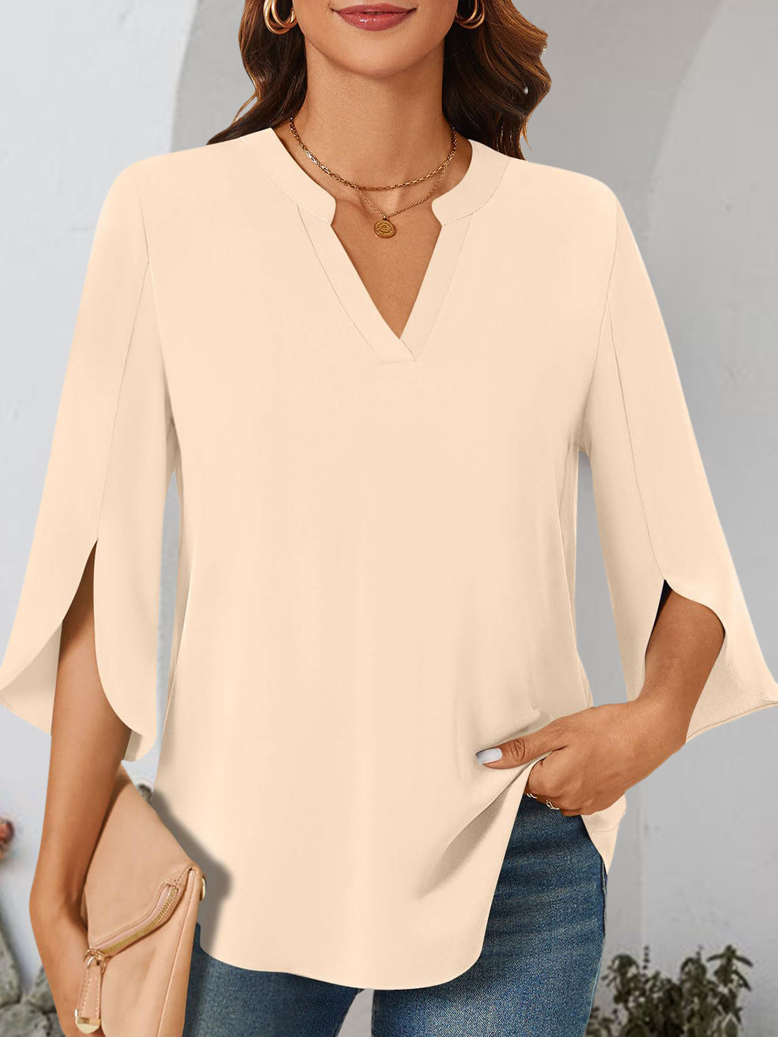 Notched Slit Half Sleeve Blouse   