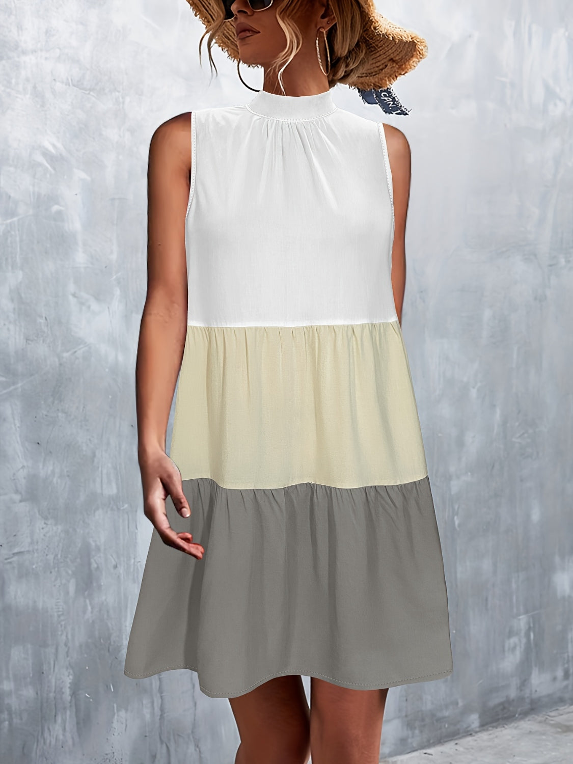 Tied Color Block Mock Neck Sleeveless Dress Pastel Yellow S 