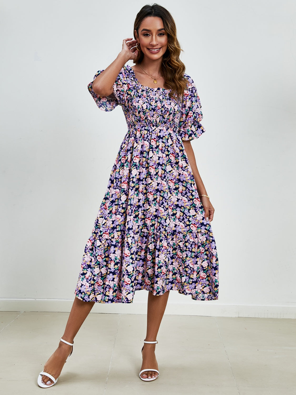 Smocked Floral Square Neck Short Sleeve Dress   