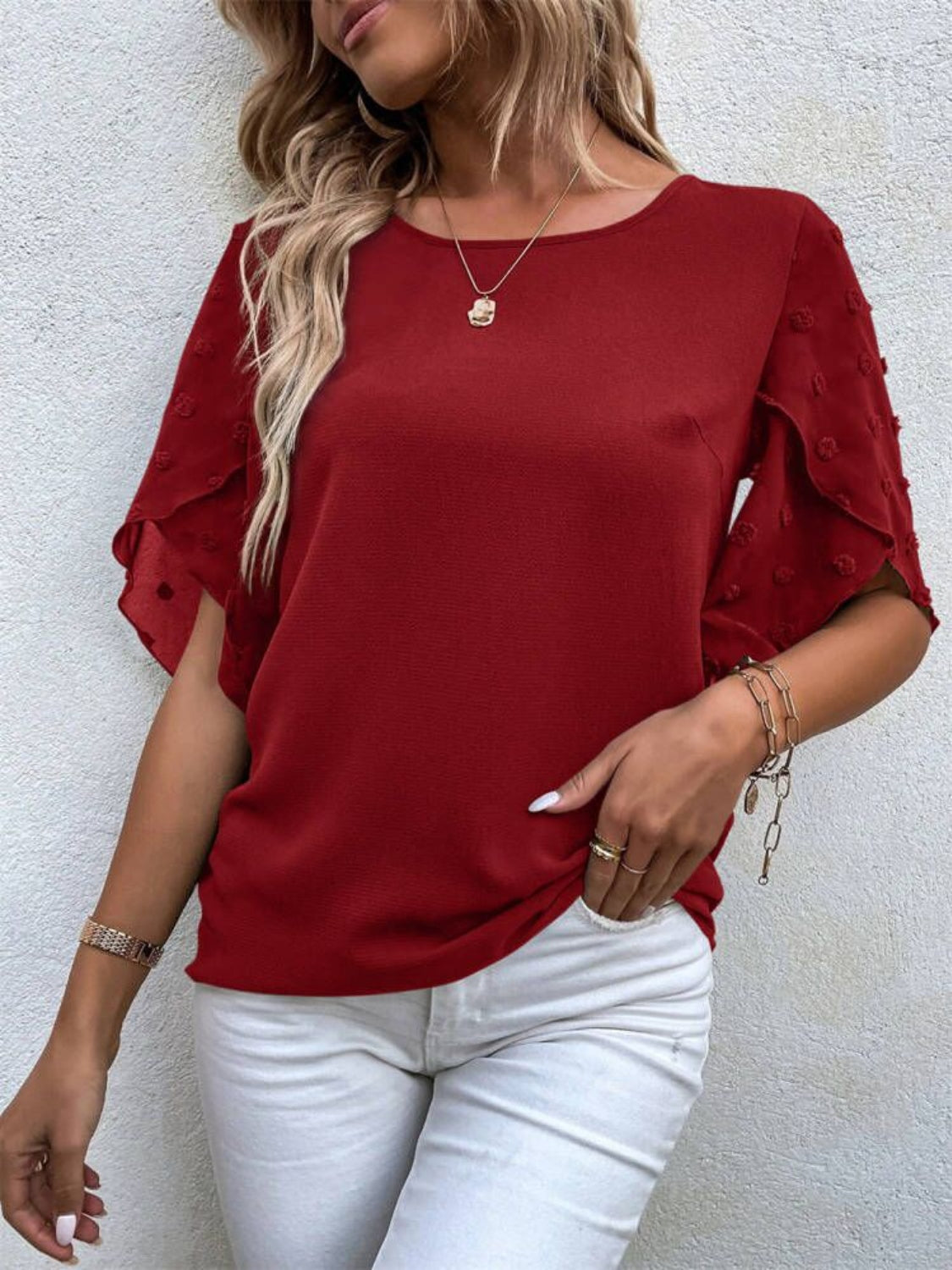 STUNNLY  Swiss Dot Round Neck Half Sleeve Blouse   