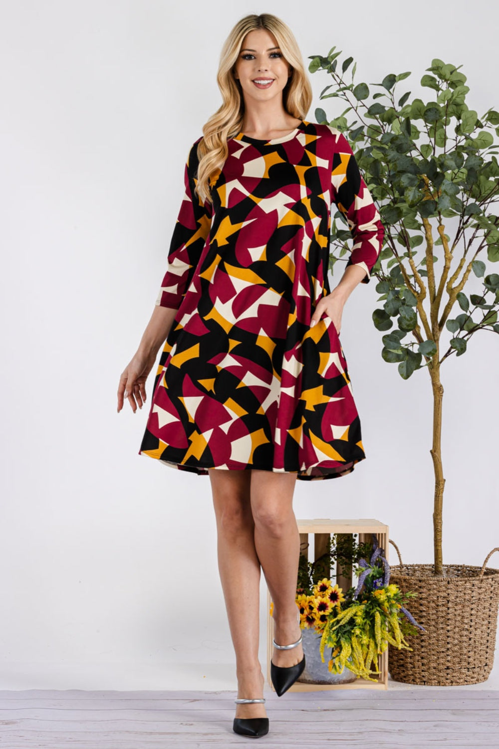 Celeste Full Size Geometric Round Neck Dress with Pockets   