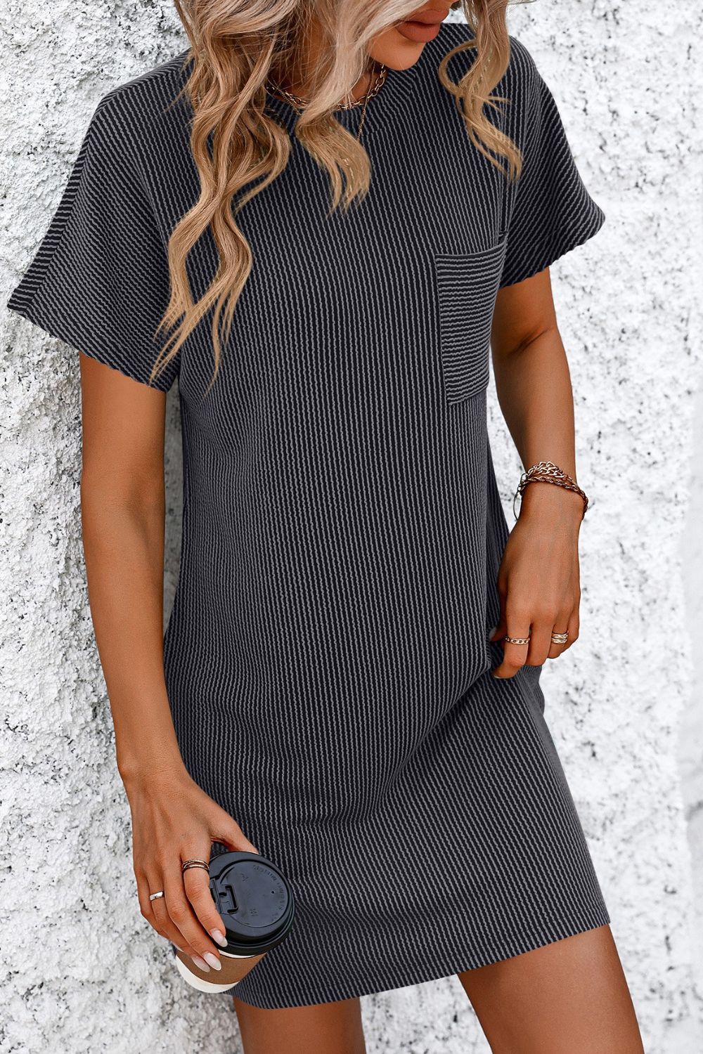 STUNNLY  Ribbed Striped Short Sleeve Mini Tee Dress   