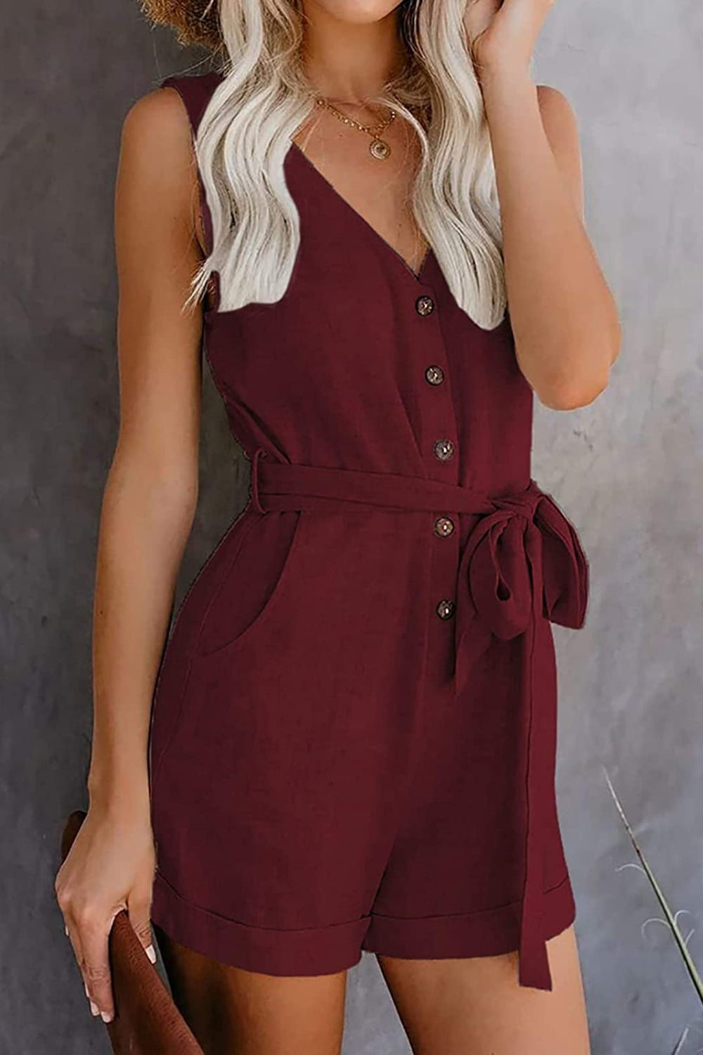 Full Size Tied V-Neck Sleeveless Romper with Pockets Wine S 