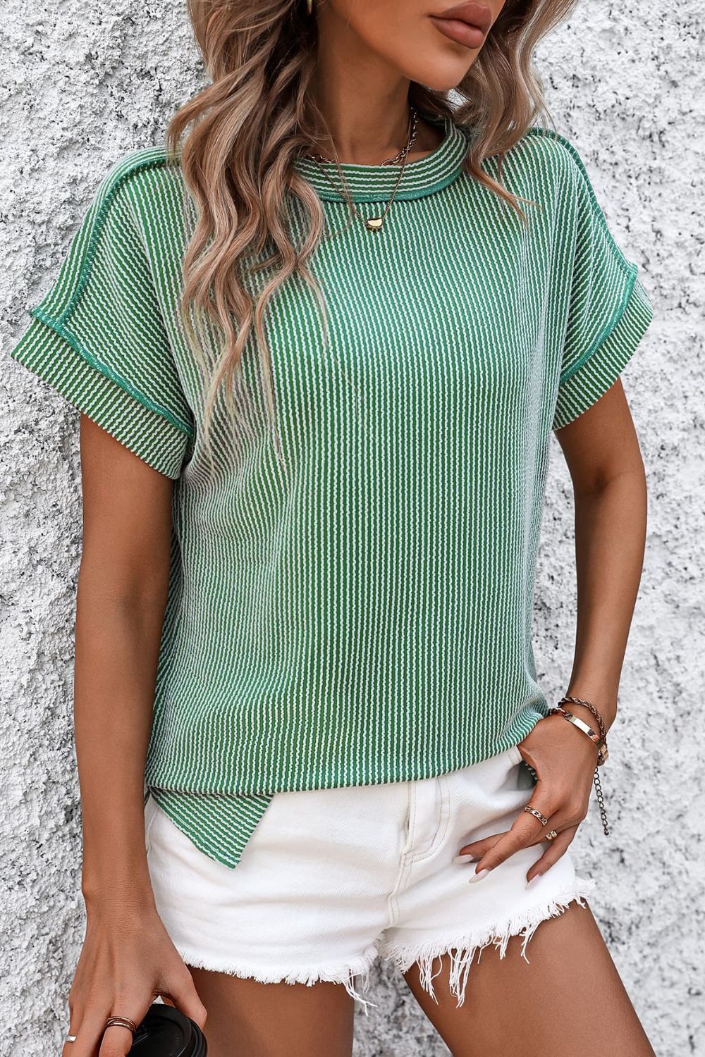 STUNNLY  Striped Round Neck Short Sleeve T-Shirt Green S 