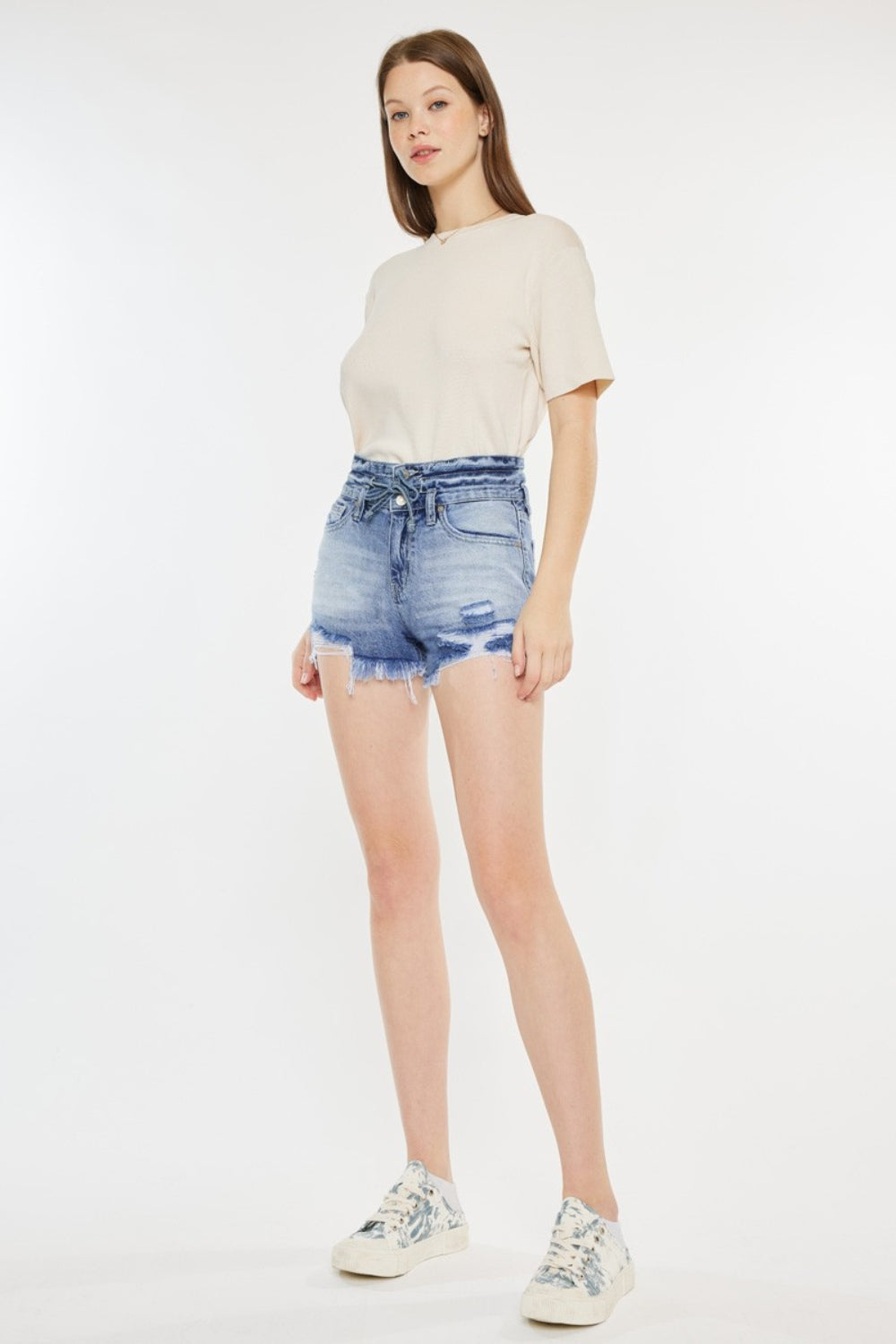 STUNNLY  Kancan High Rise Frayed Hem Denim Shorts   