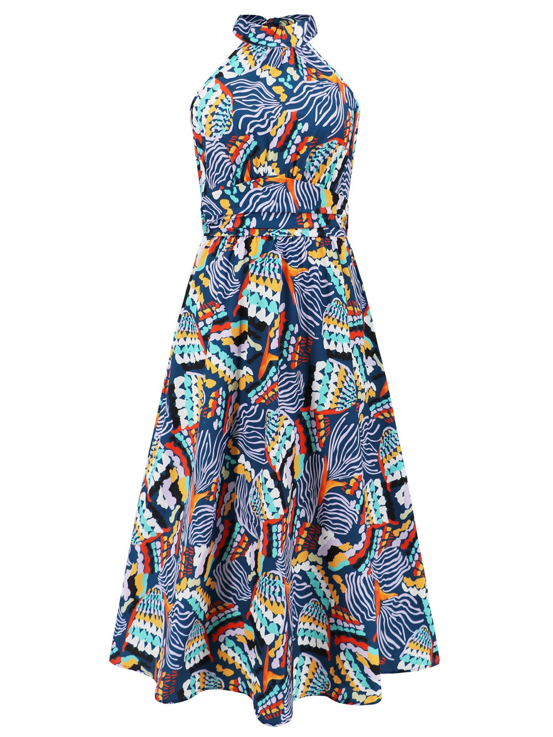 Ruched Printed Halter Neck Sleeveless Dress   