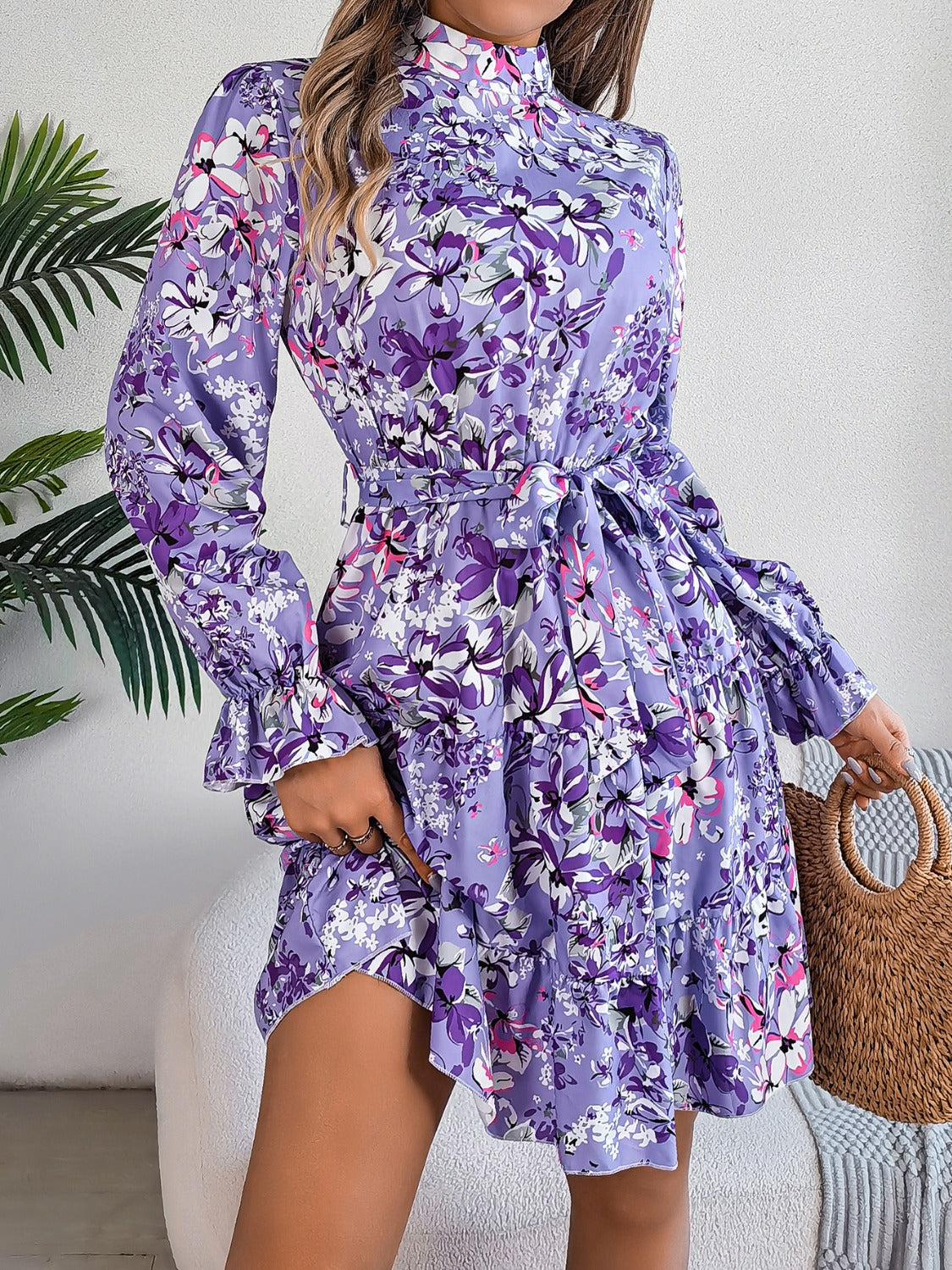 Printed Mock Neck Flounce Sleeve Mini Dress   