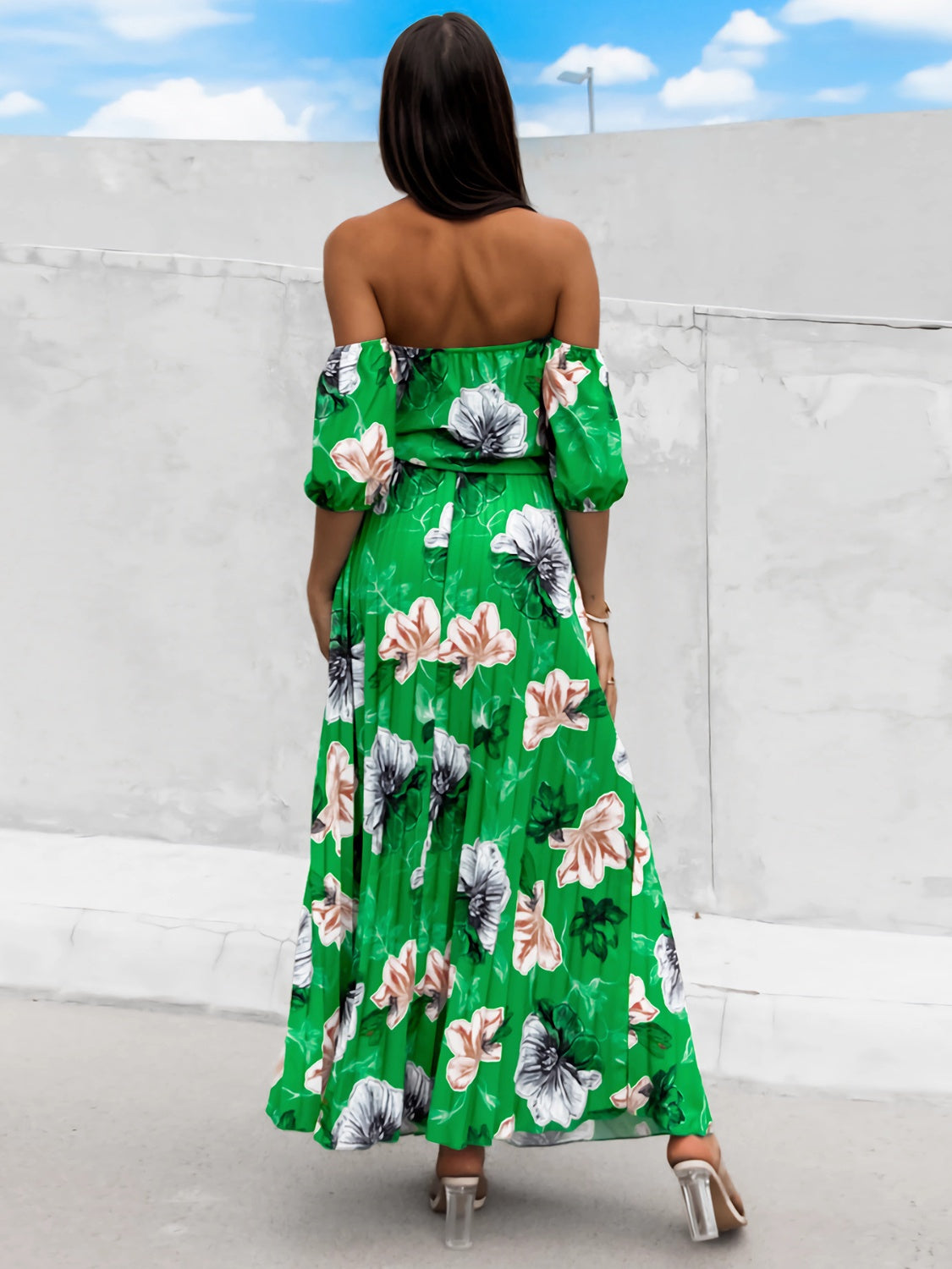 Pleated Floral Off-Shoulder Short Sleeve Midi Dress   