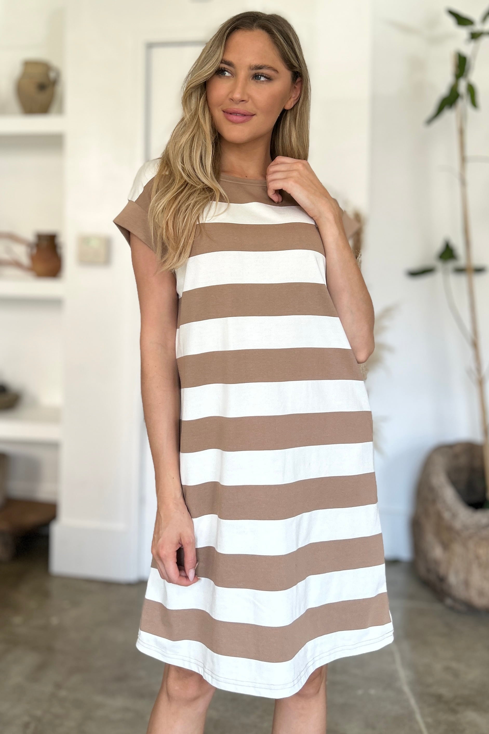 Basic Bae Full Size Striped Round Neck Cap Sleeve Mini Dress Camel S 