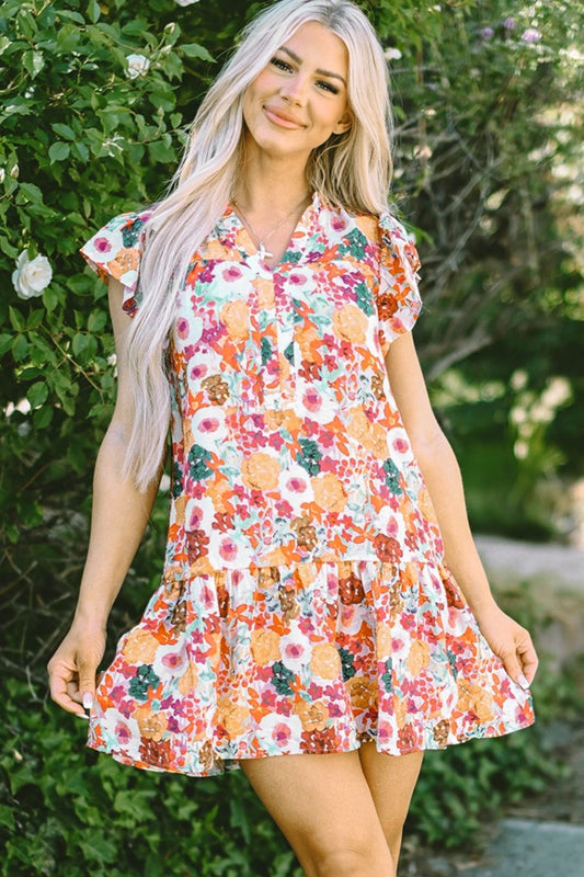 Ruffled Printed Cap Sleeve Mini Dress Floral S 