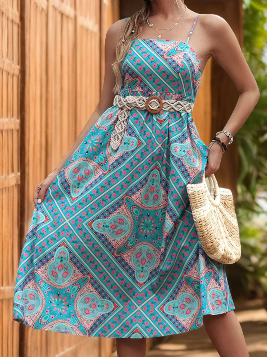 Printed Spaghetti Strap Midi Dress Teal S 