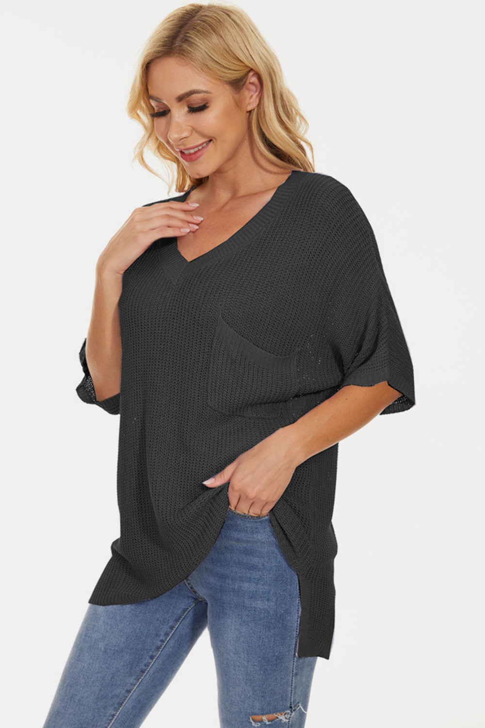 STUNNLY  Pocketed V-Neck Half Sleeve Knit Top   