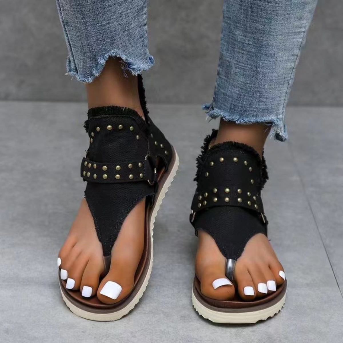 STUNNLY  Studded Raw Hem Flat Sandals Dark 36(US5) 