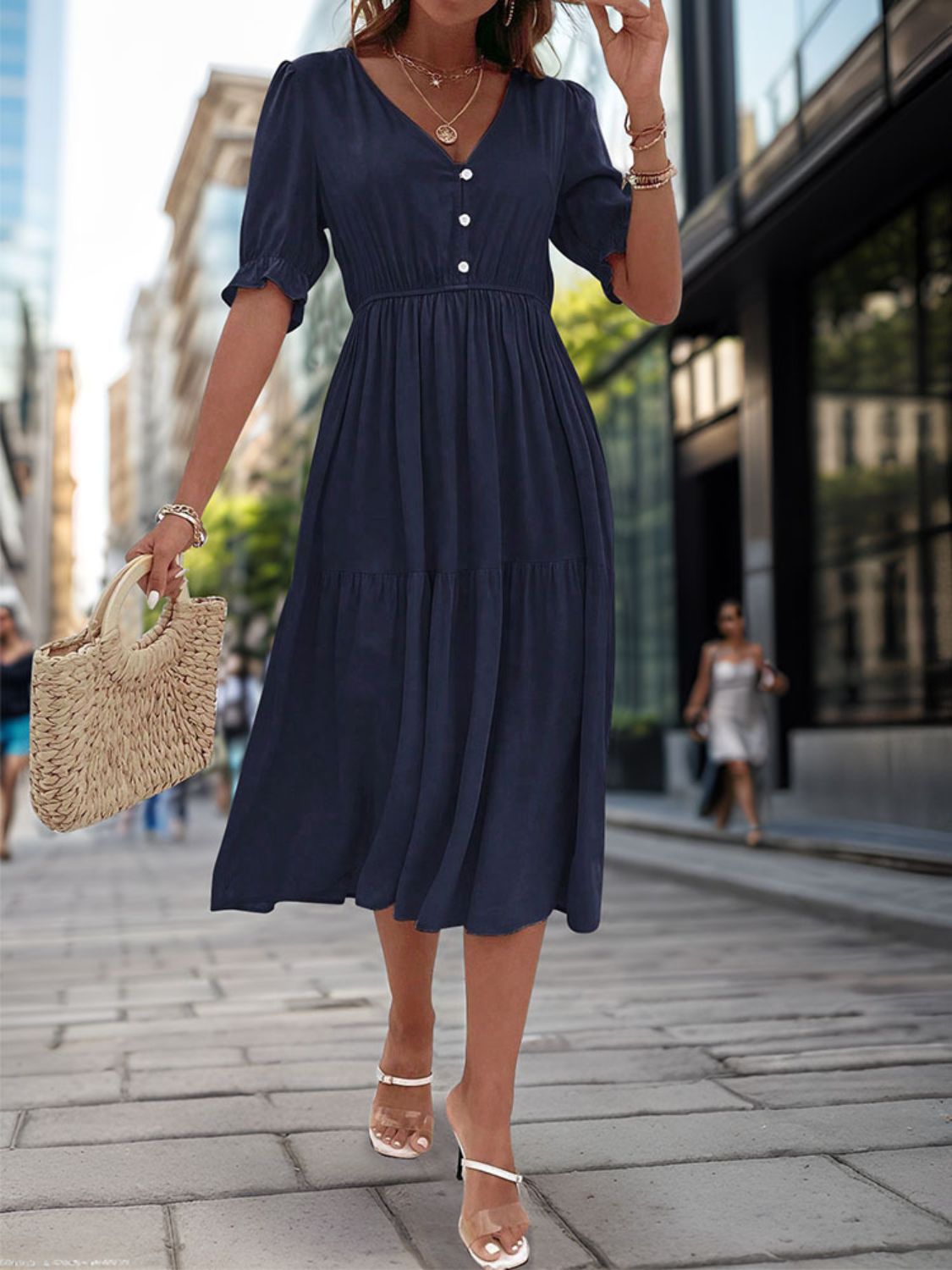 Ruched V-Neck Half Sleeve Midi Dress Dark Blue S 