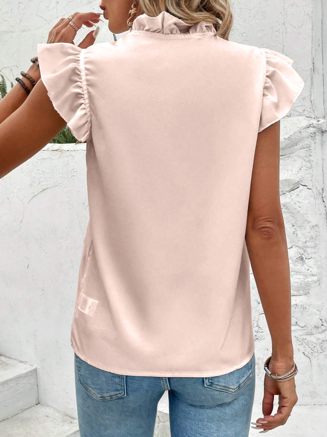 STUNNLY  Ruffled V-Neck Cap Sleeve Blouse   