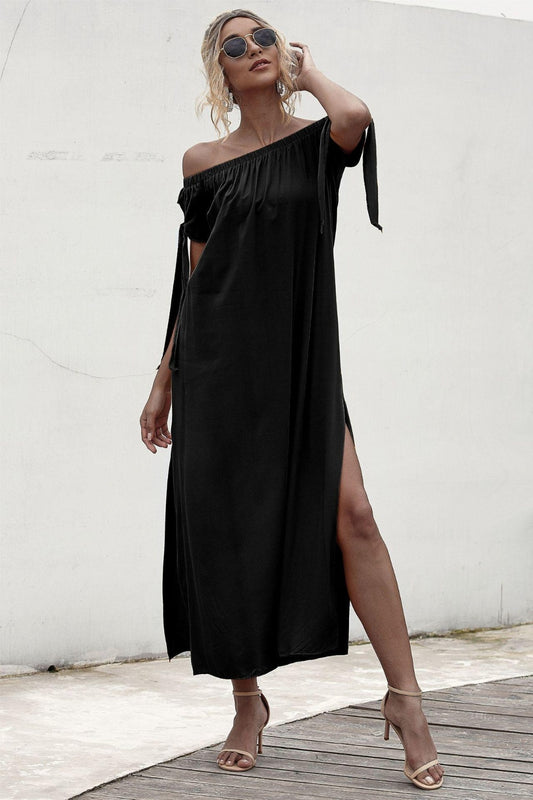 Slit Off Shoulder Short Sleeve Midi Dress Black S 