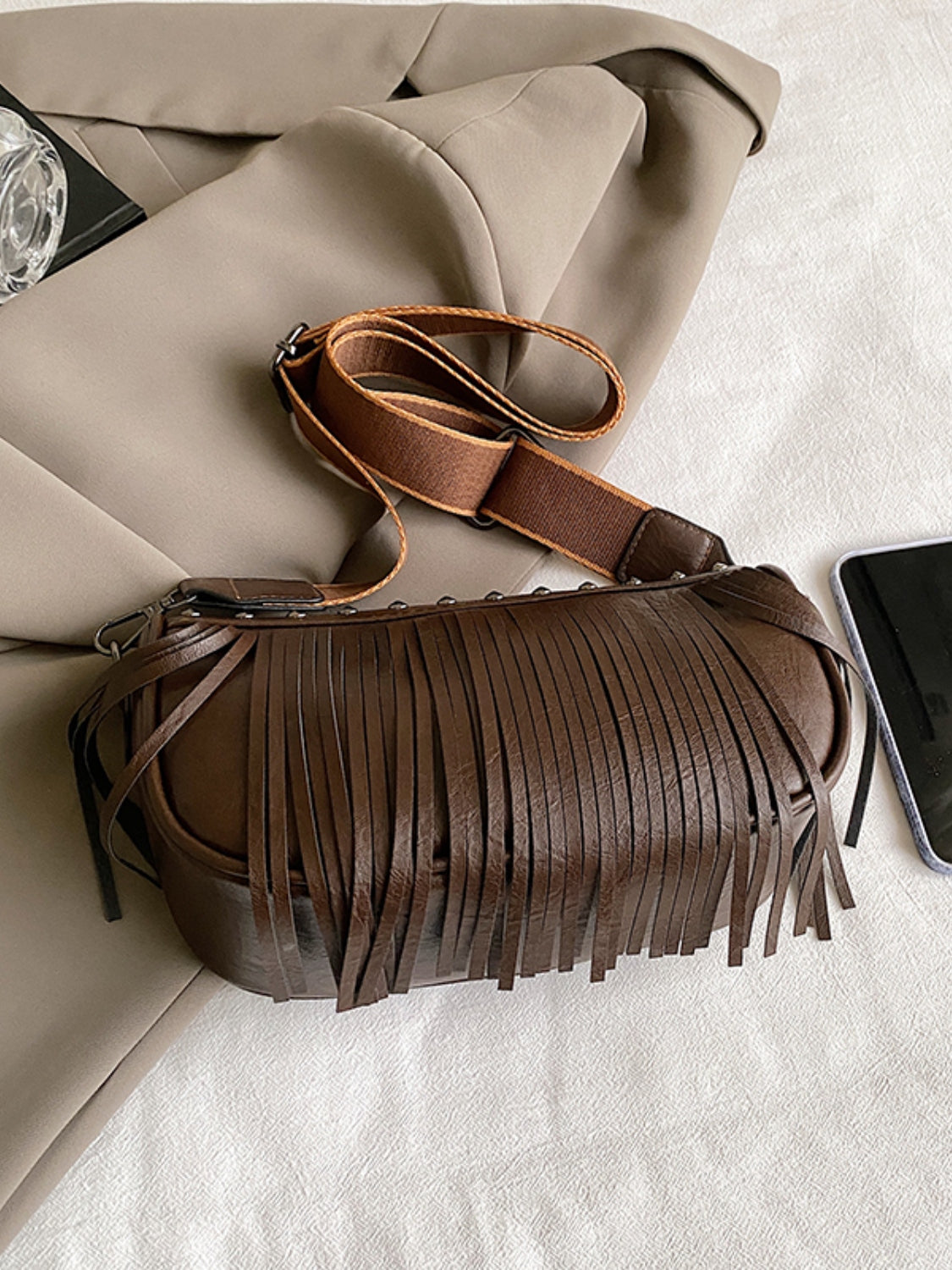 PU Leather Fringe Studded Crossbody Bag   