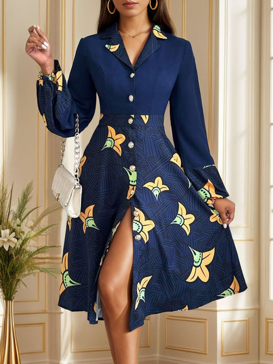 Printed Collared Neck Long Sleeve Dress Dark Blue S 