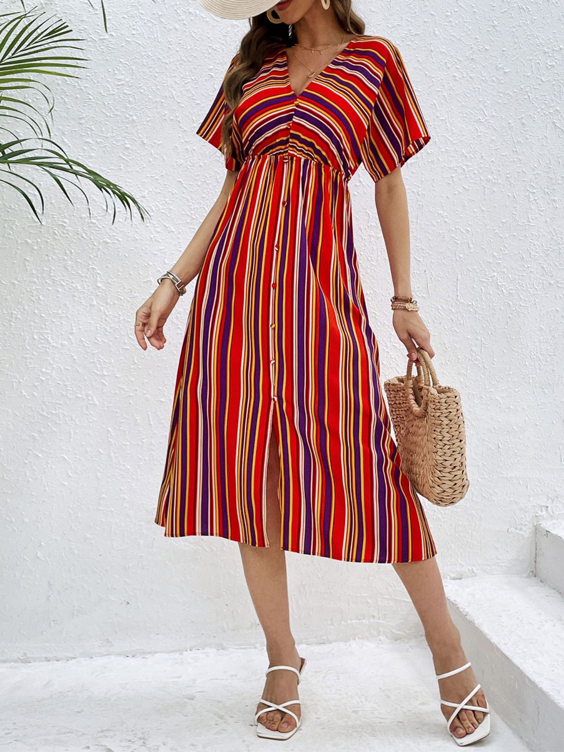 Slit Striped V-Neck Short Sleeve Midi Dress Scarlet S 