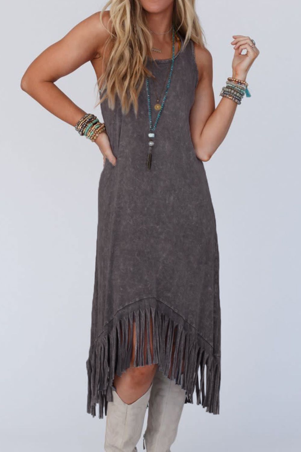 STUNNLY  Tassel Round Neck Sleeveless Midi Dress Charcoal S 