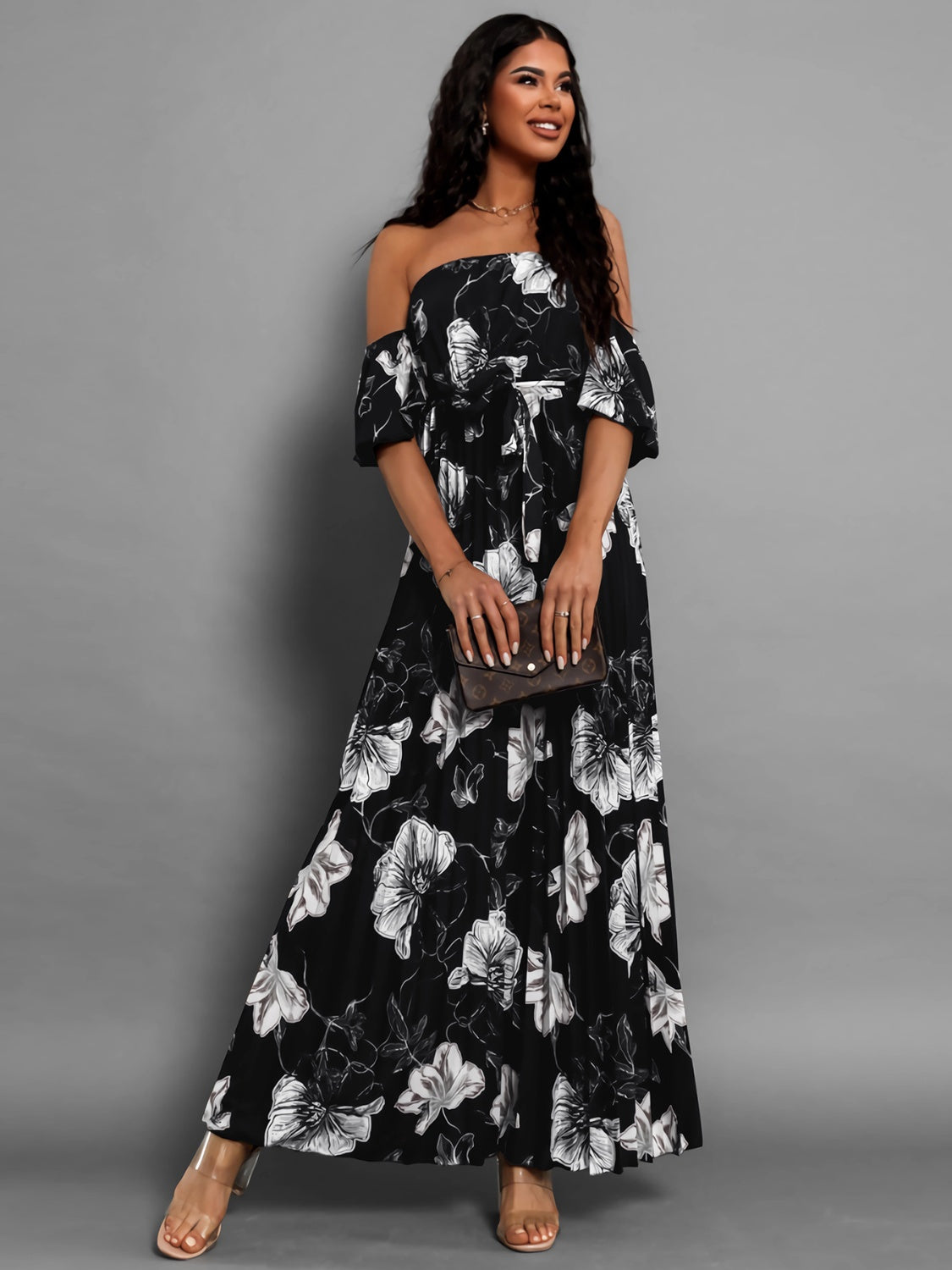 Pleated Floral Off-Shoulder Short Sleeve Midi Dress   