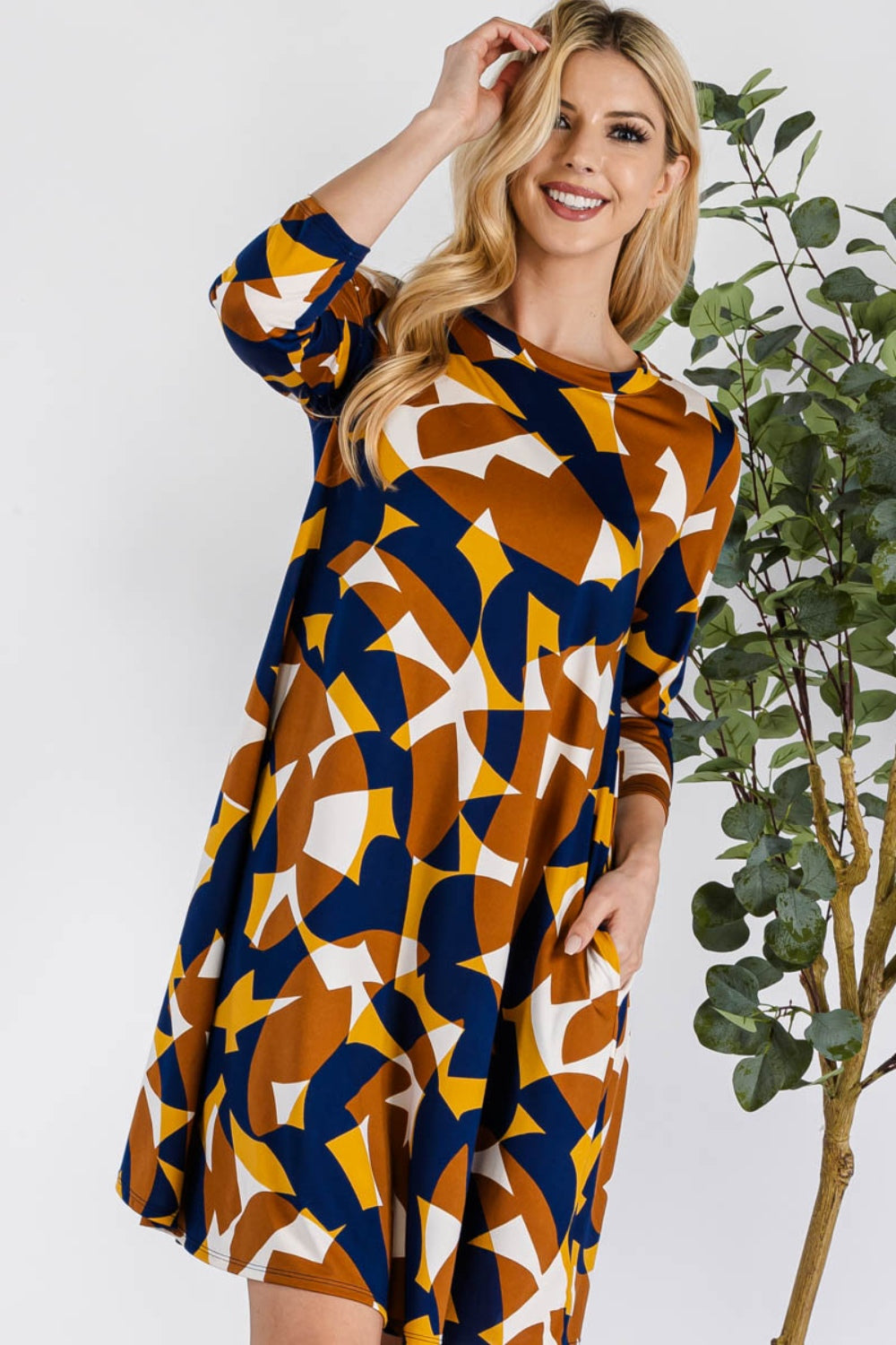 Celeste Full Size Geometric Round Neck Dress with Pockets   