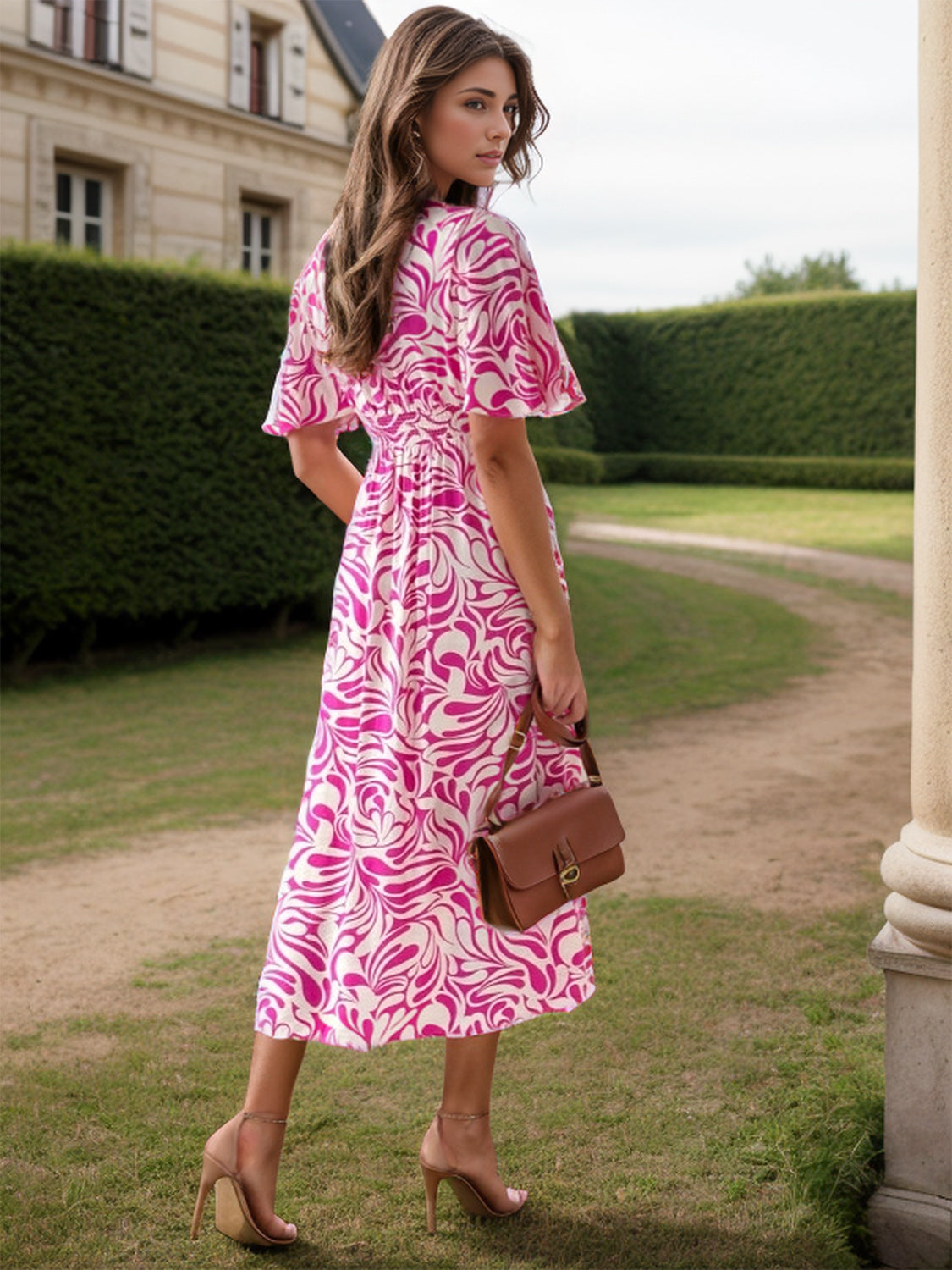 Printed Surplice Half Sleeve Midi Dress   