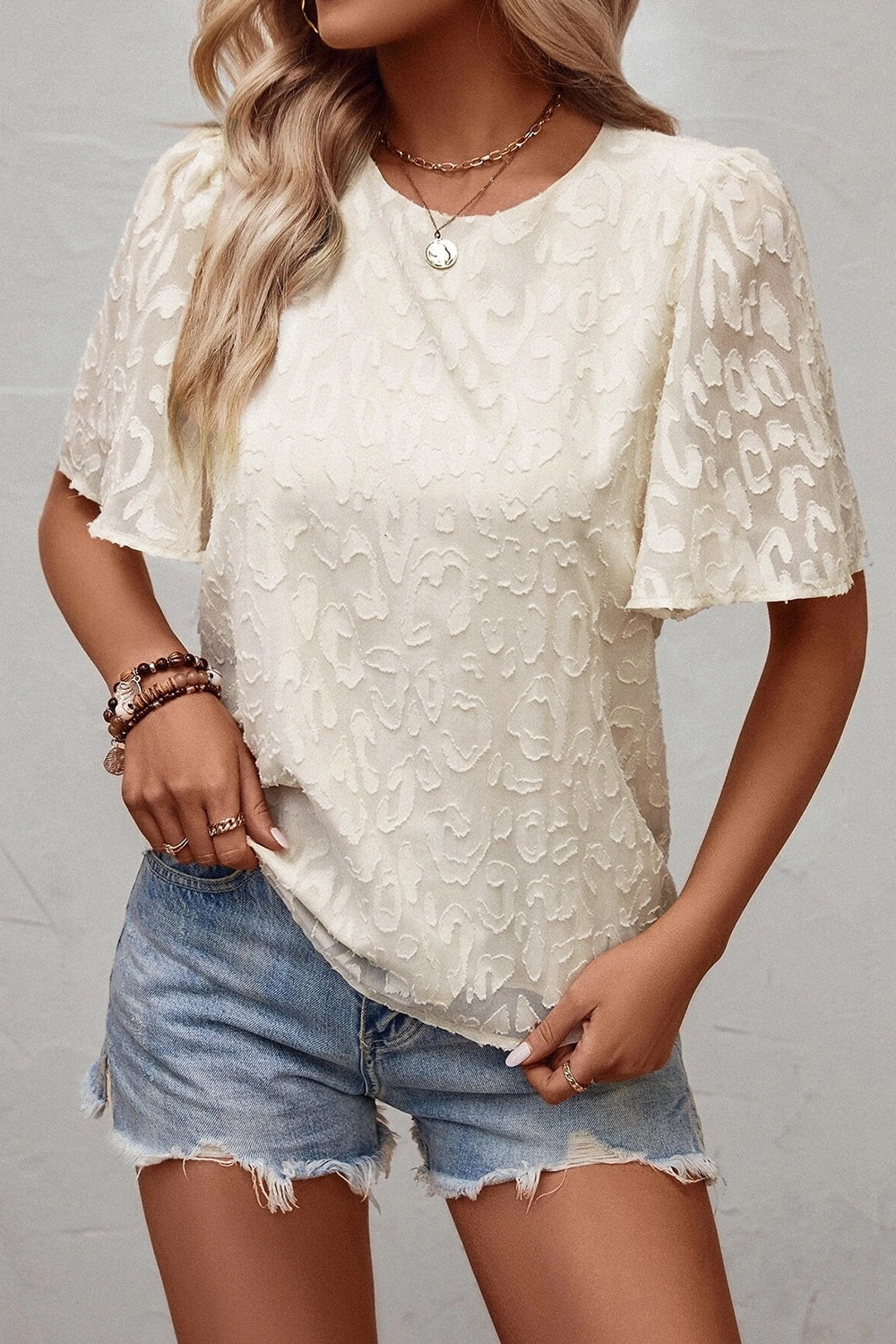 Round Neck Half Sleeve Blouse Ivory S 