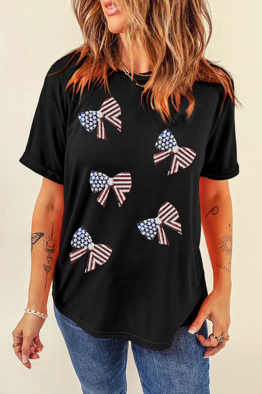 STUNNLY  US Flag Round Neck Short Sleeve T-Shirt Black S 