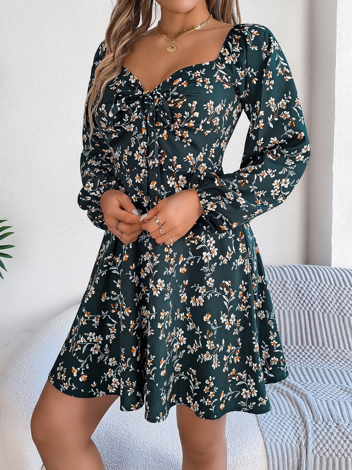 Printed Sweetheart Neck Balloon Sleeve Mini Dress   