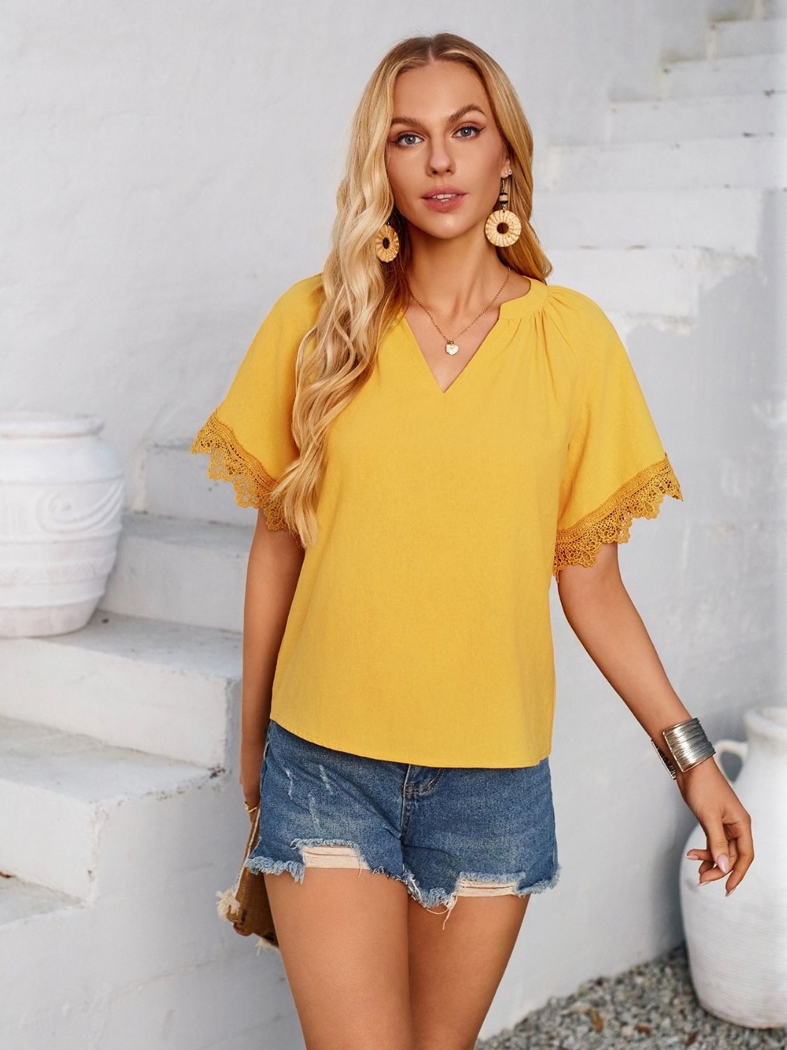 Lace Detail Notched Short Sleeve Blouse   