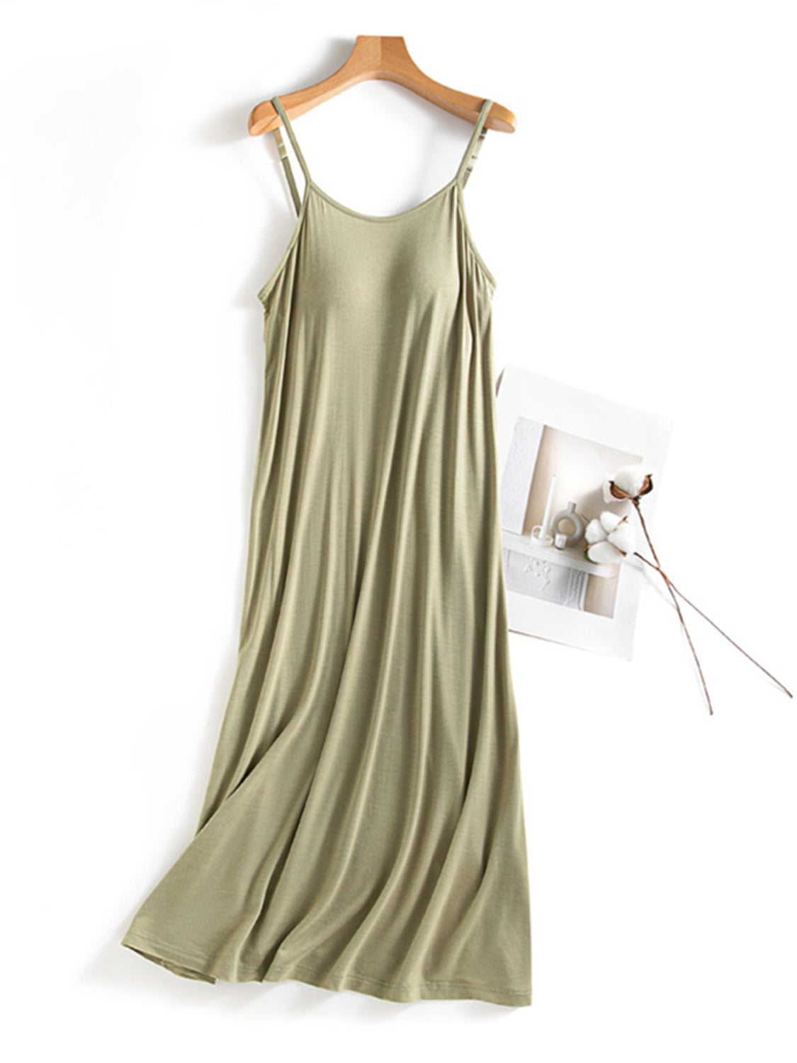 Scoop Neck Midi Cami Dress with Bra Matcha Green M 